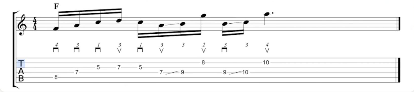 Tab for the F riff: it opens on the F major voicing (F 8th fret, A 7th fret, C 5th fret) then runs up through the thirds with two slides.