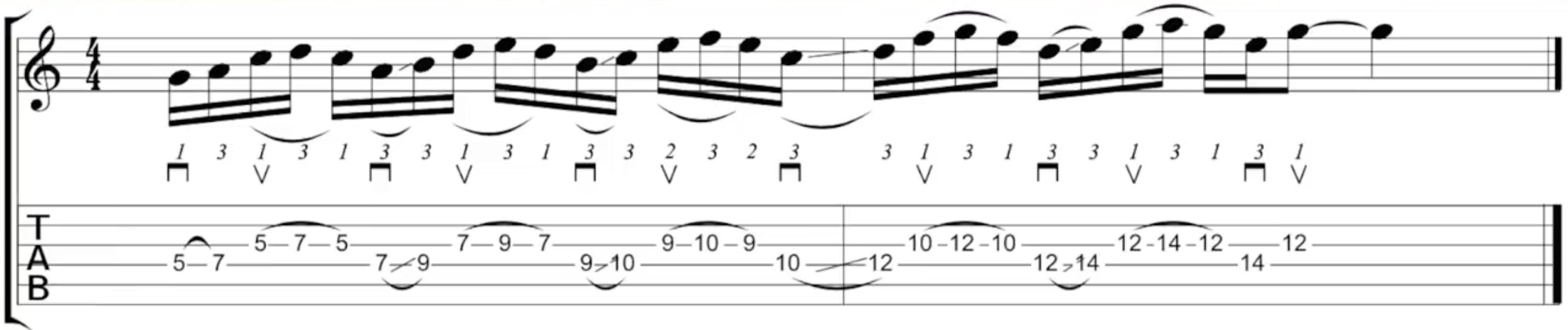 Tab for the climbing run of thirds, connecting the root-6 A minor shape up to the A minor shape on the 5th string.